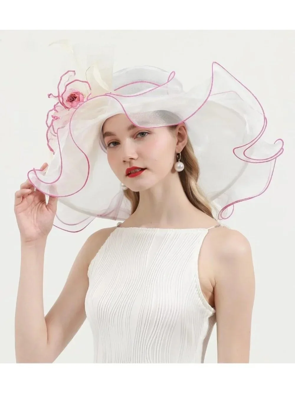Elegant Wide Brim Women's Church Hat with Leaf & Flower for Derby & Bridal